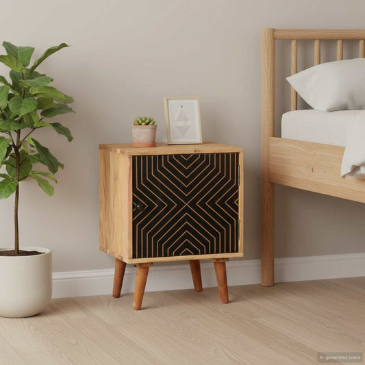 Bedside Cabinet Solid Acacia Wood in a bedroom setting next to a bed