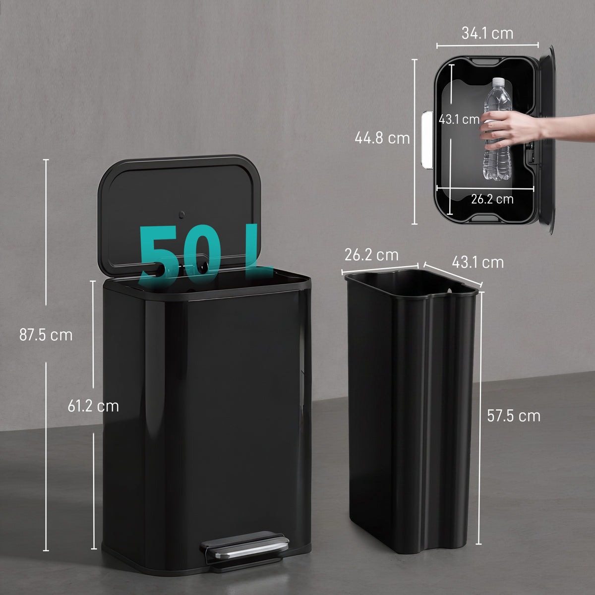 HOMCOM 50L Kitchen Bin in High Gloss Black