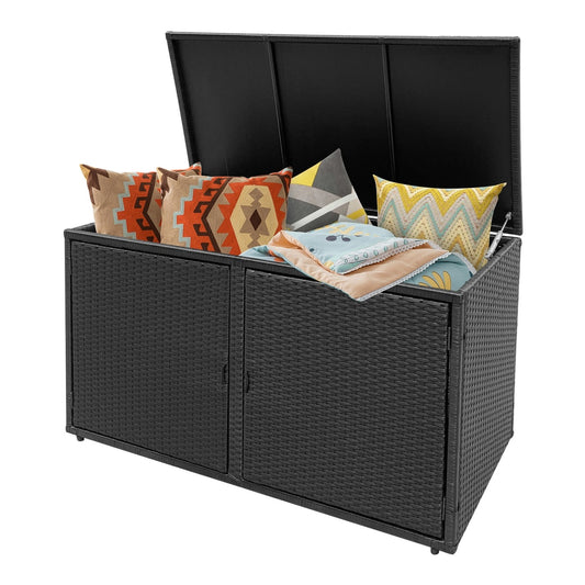 330L 2-Tier Outdoor PE Wicker Storage Box with lid and front doors in black, shown with the lid open and filled with cushions