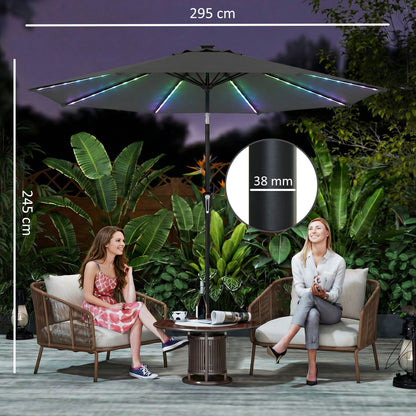 مظلة فناء بقطر 3 متر من Outsunny مع 112 مصباح LED يعمل بالطاقة الشمسية، مظلة فناء بمقبض تدوير، رمادي