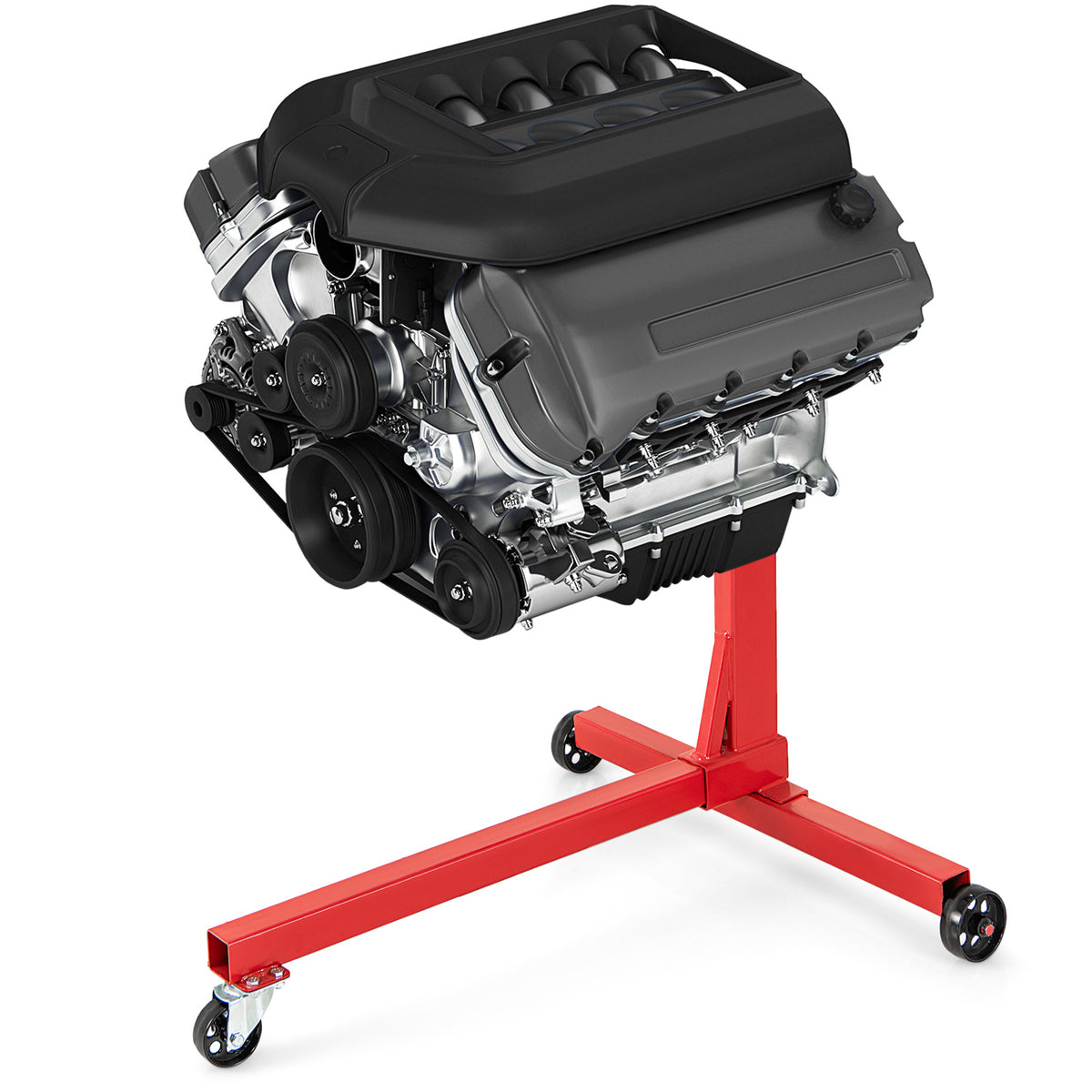 Close-up of a car engine mounted on a red engine stand