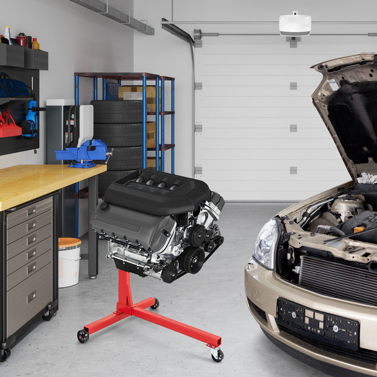 A red engine stand holding a car engine next to a car in a garage