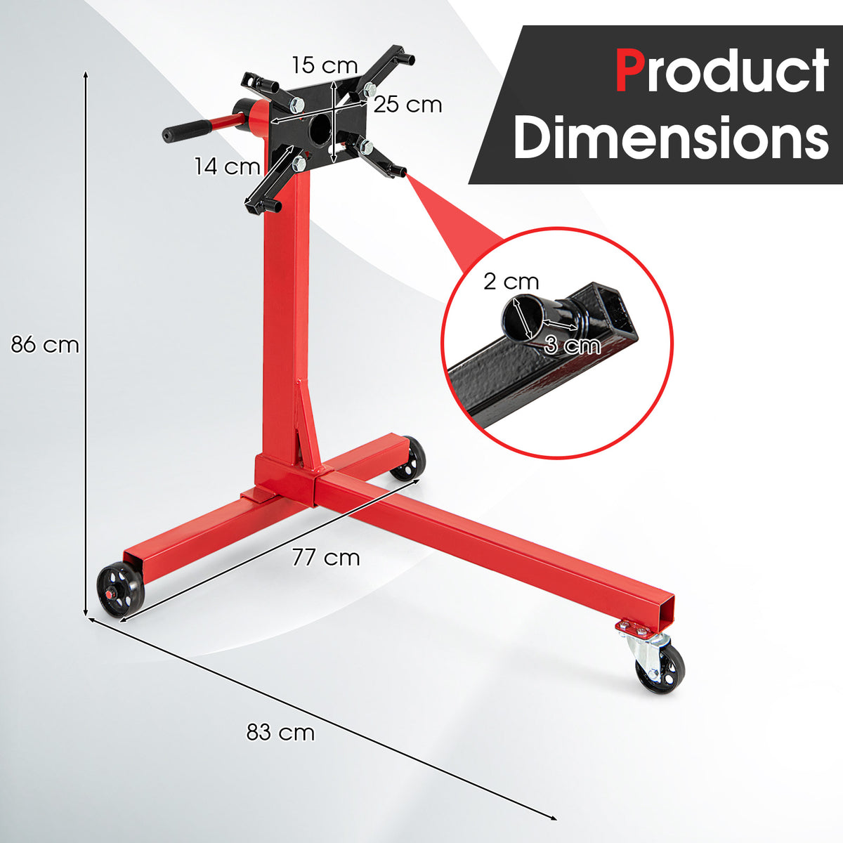 Red engine stand with product dimensions shown in cm