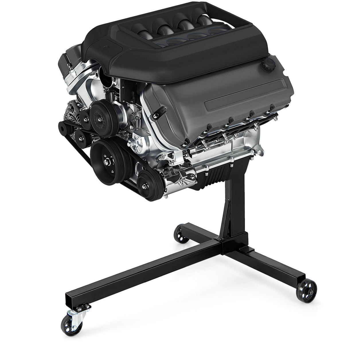 A car engine mounted on the black engine stand, shown from a low angle