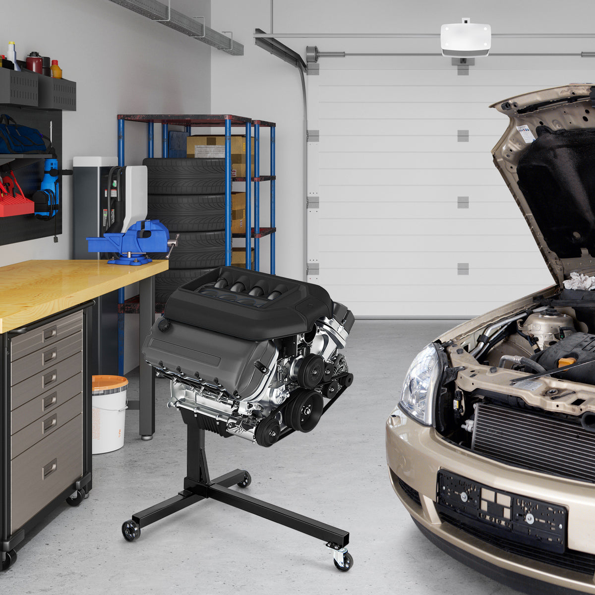 The engine stand holding a car engine in a garage setting next to a car