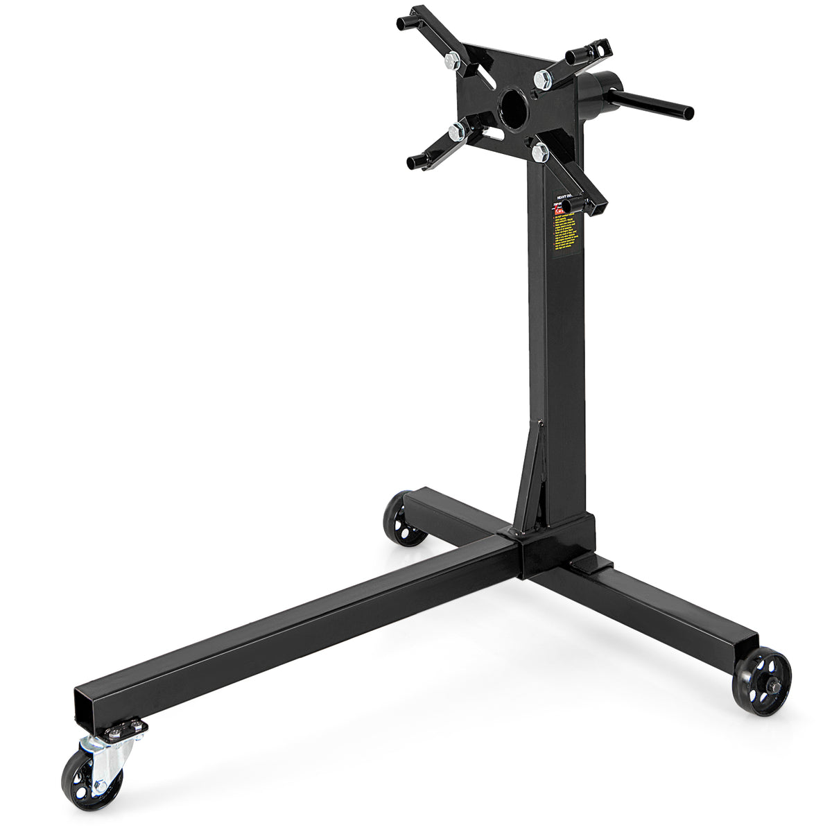 340 Kg/ 680 Kg Capacity Engine Stand, a black metal stand with wheels and a mounting bracket