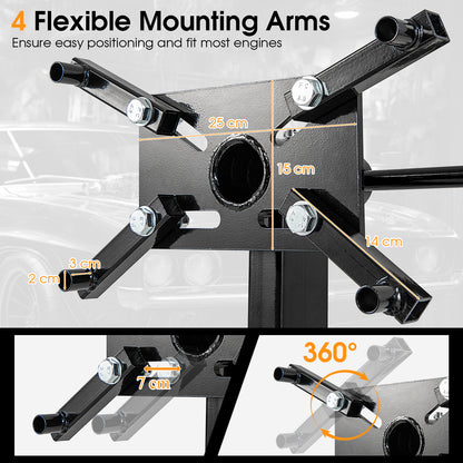 Close-up of the engine stand's mounting arms and rotation feature