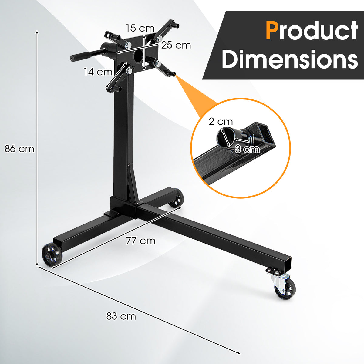 Product dimensions diagram for the engine stand, showing measurements in cm