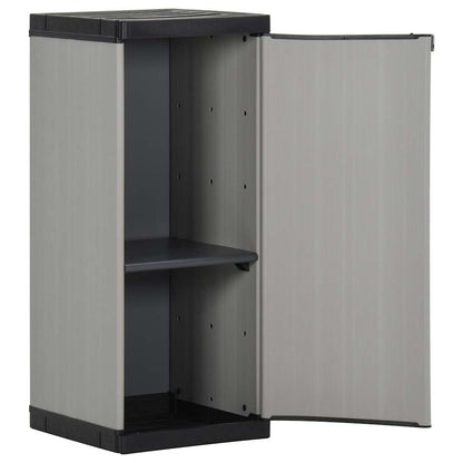 The storage cabinet with the door open revealing an internal shelf