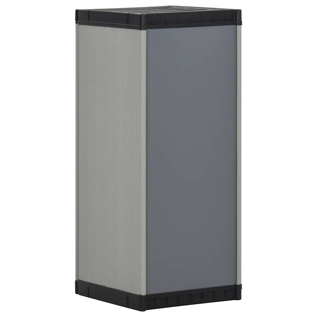 The storage cabinet seen from a low angle showing the side and back