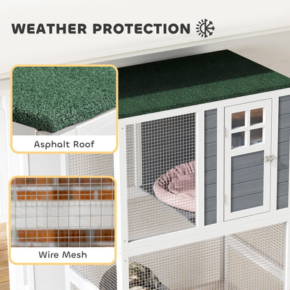 PawHut Wooden Catio Cat Outdoor Enclosure, Cat Cage with Waterproof Roof, Platforms, for Multiple Cats, White