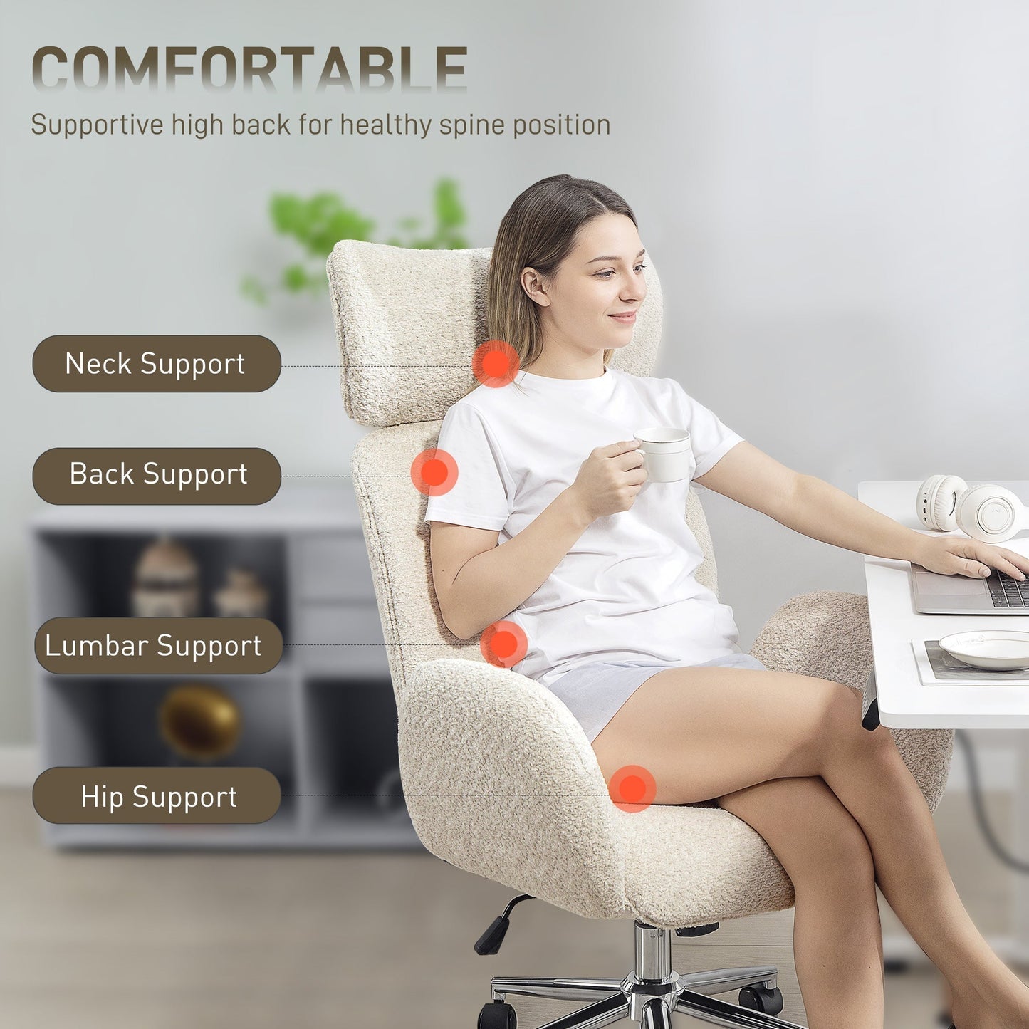 HOMCOM Office Chair with Adjustable Headrest, Spring Pack, Curved Line, Boucle Fabric - Pale Grey