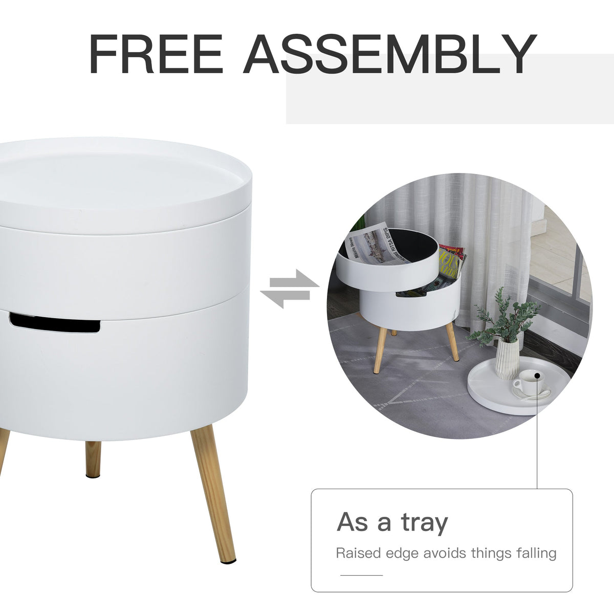 The white round side table can be used as a tray