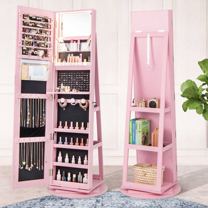 360-Degree Mirrored Jewelry Armoire with 3-Color Auto-on LED Lights-Pink