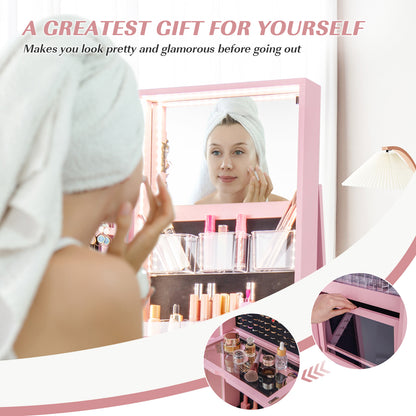 360-Degree Mirrored Jewelry Armoire with 3-Color Auto-on LED Lights-Pink