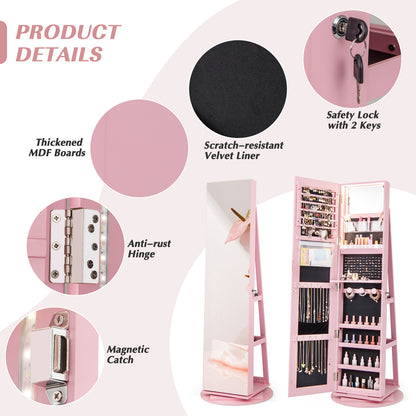 360-Degree Mirrored Jewelry Armoire with 3-Color Auto-on LED Lights-Pink