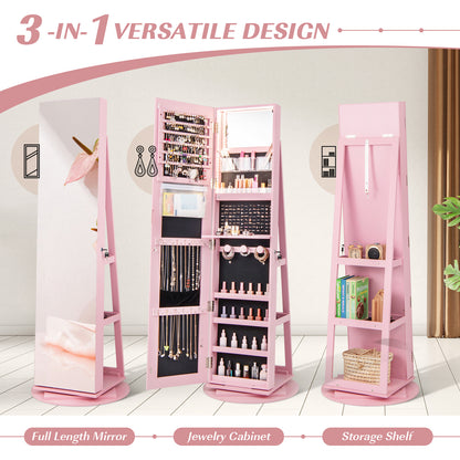 360-Degree Mirrored Jewelry Armoire with 3-Color Auto-on LED Lights-Pink