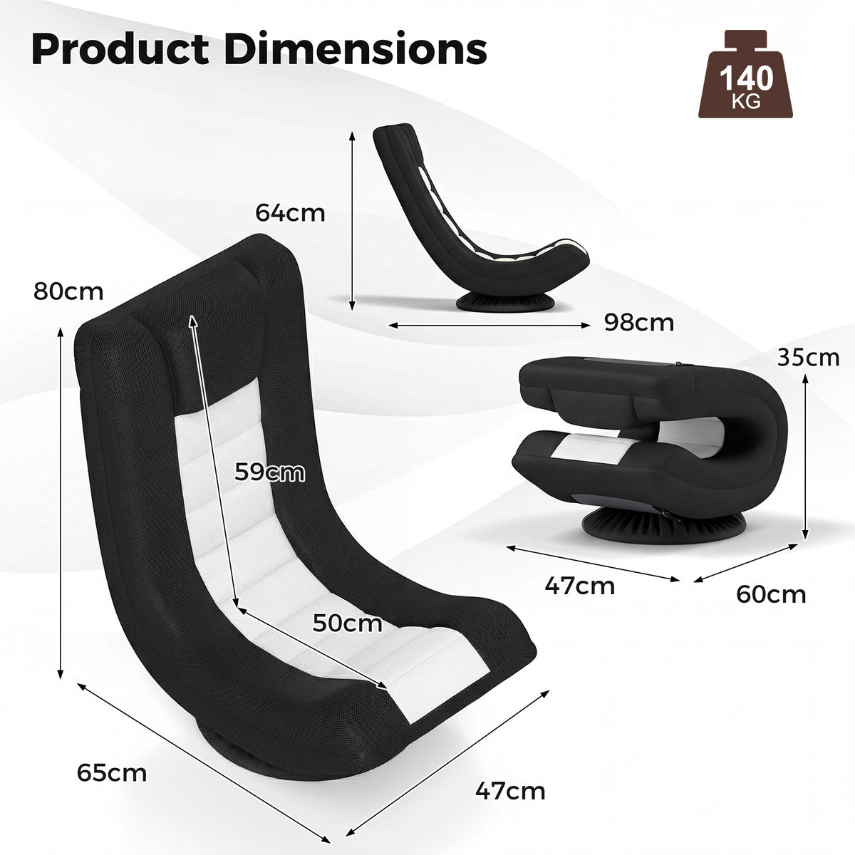 360° Swivel Gaming Chair 4 Position Adjustable Folding Floor Sofa-Black and White