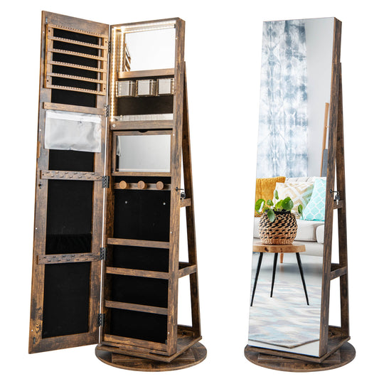 360-Degree Mirrored Jewelry Armoire with 3-Color Auto-on LED Lights shown open and closed