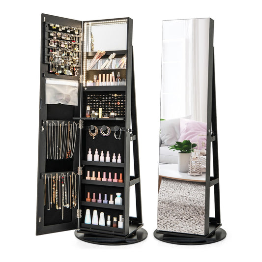 360-Degree Mirrored Jewelry Armoire with 3-Color Auto-on LED Lights open to show interior storage