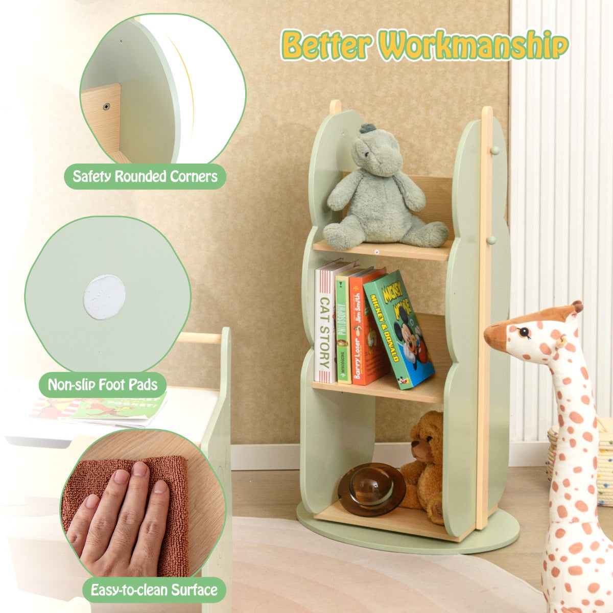 The kids storage unit with close-up circles showing rounded corners and surface