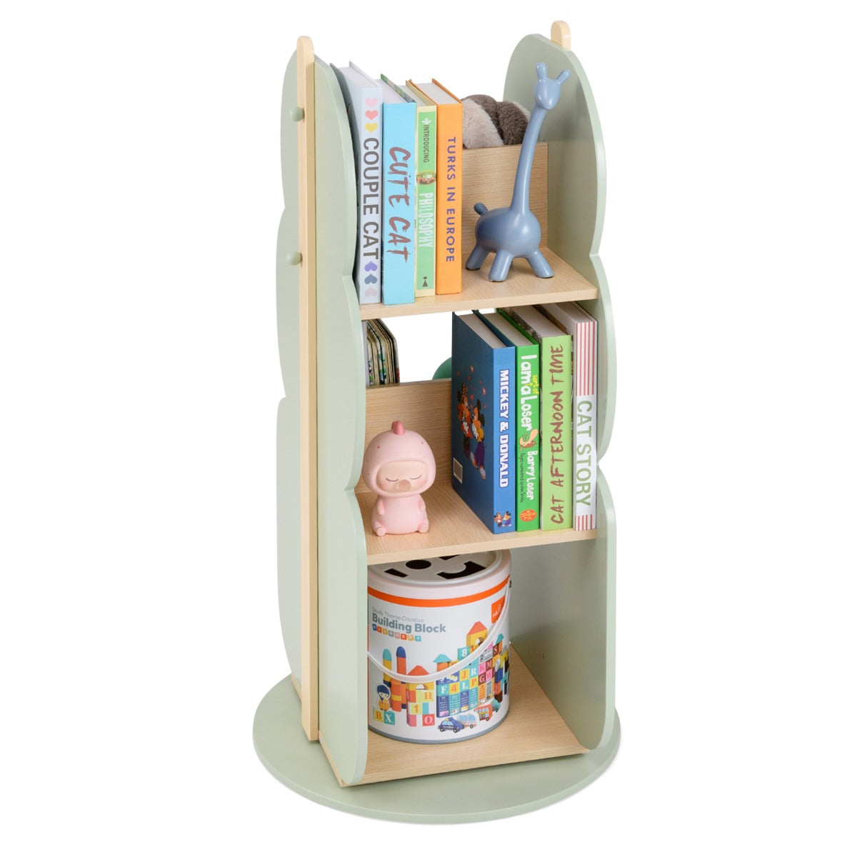 The kids storage unit stocked with children's books and toys