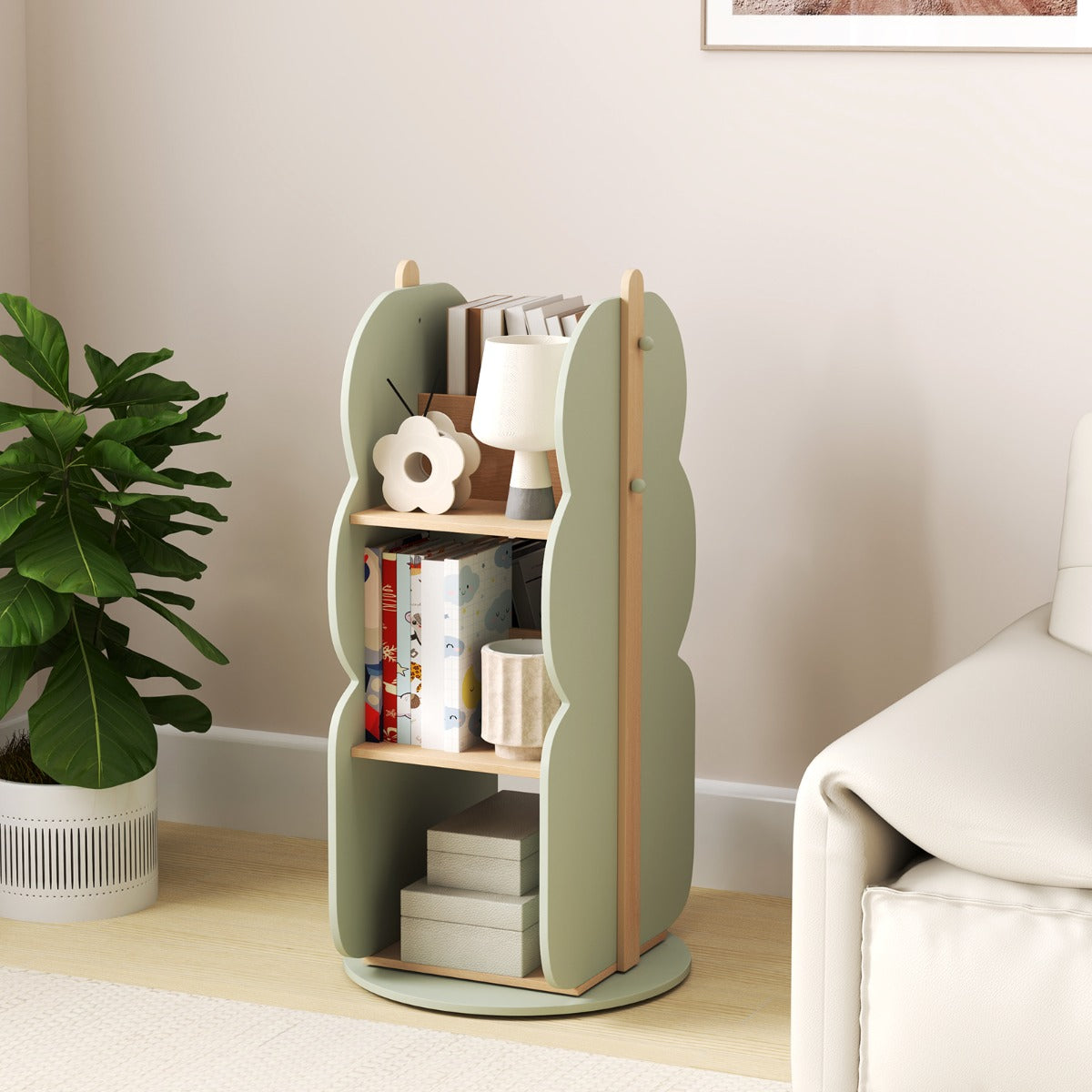 The kids storage unit filled with books and decor items in a living room