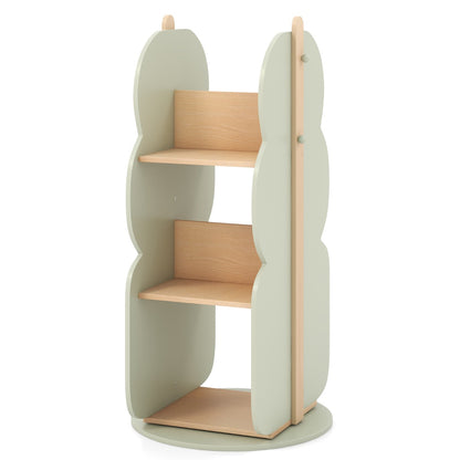 360° Display Corner Book Shelf with light green side panels and wooden shelves