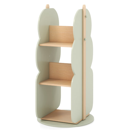 360° Display Corner Book Shelf with light green side panels and wooden shelves