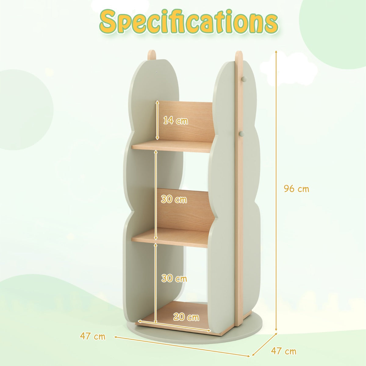 360° Display Corner Book Shelf, the kids storage unit showing height and width dimensions on a background