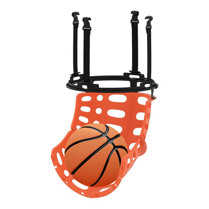 The basketball rebounder with a basketball resting in its orange basket