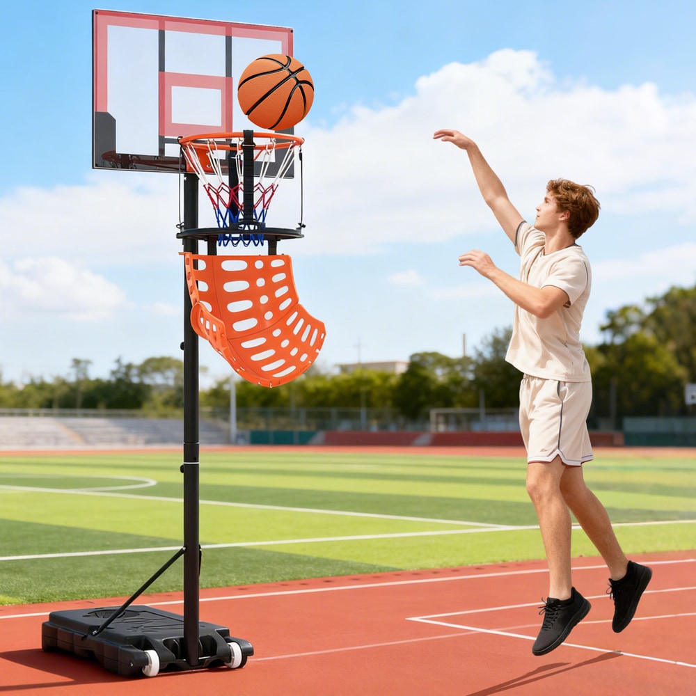 The basketball rebounder in use with a young man shooting hoops on a court