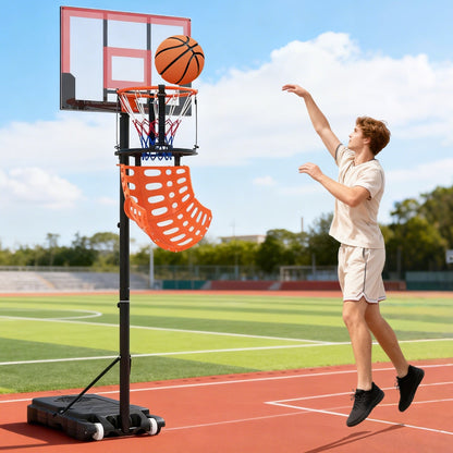 The basketball rebounder in use with a young man shooting hoops on a court