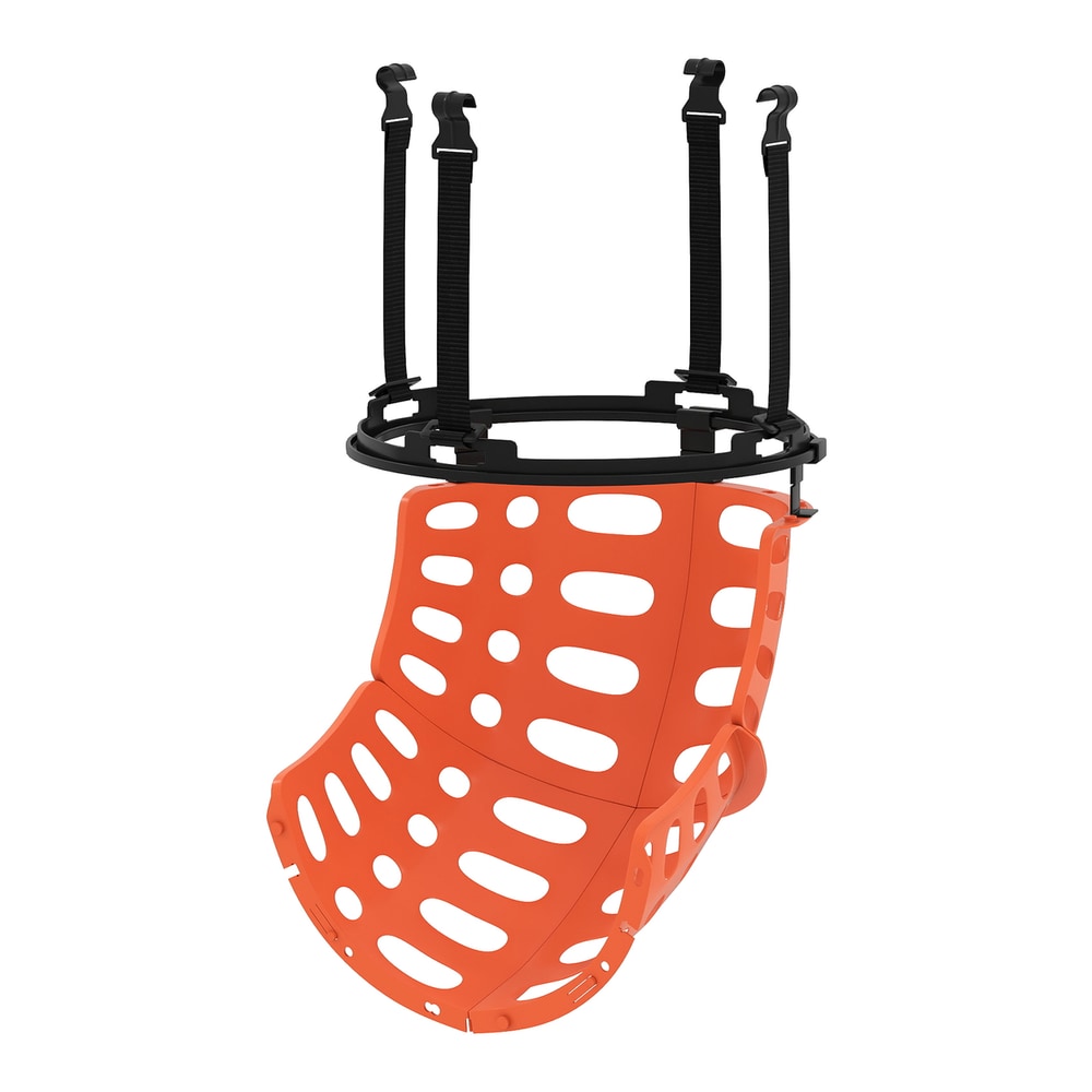 360° rotating basketball rebounder with 4 tool-free hooks, an orange rebounder with black straps attached to a black ring