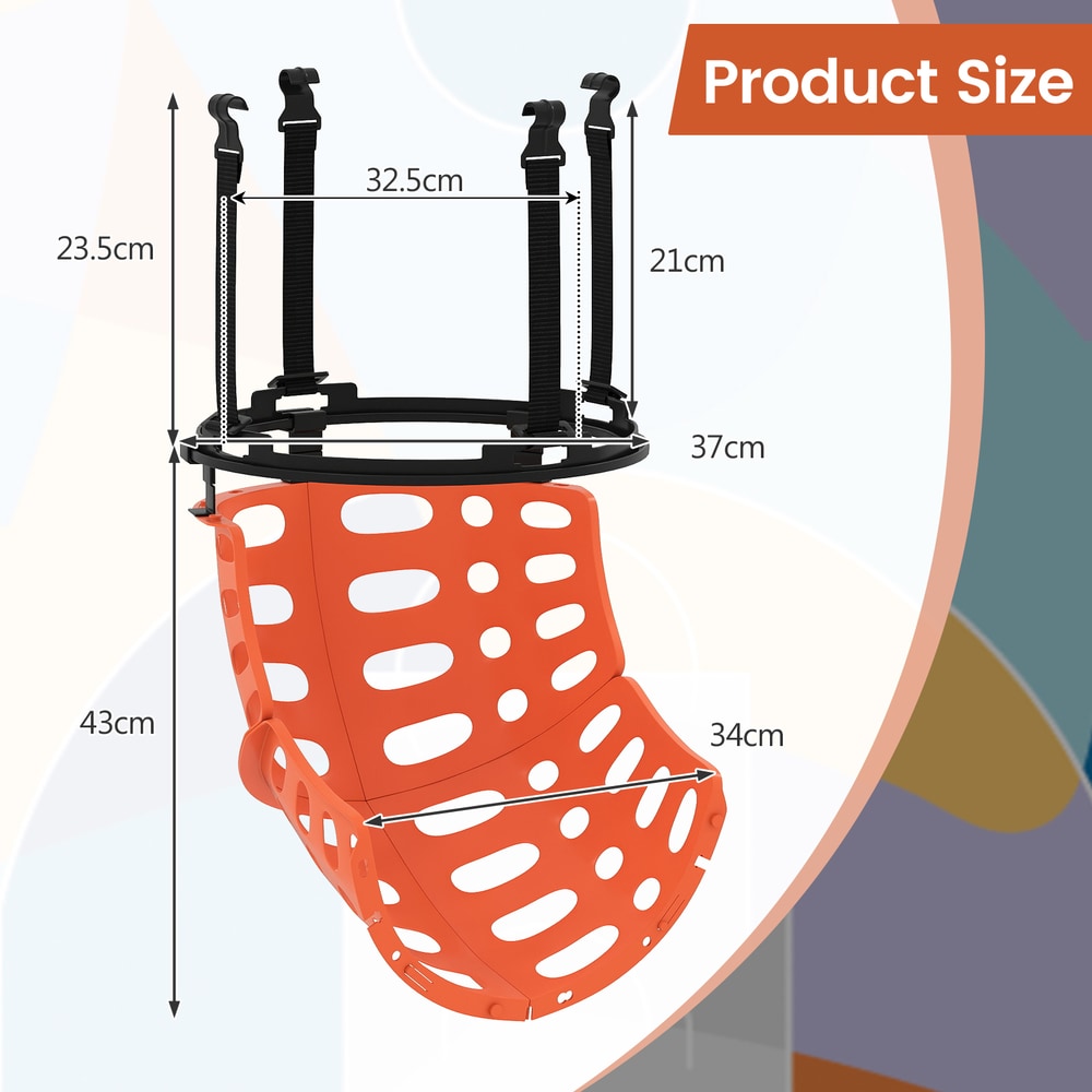 The basketball rebounder with dimensions shown for size comparison