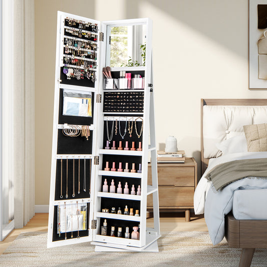 The white cabinet with its door open displaying jewellery hooks and shelves in a bedroom setting