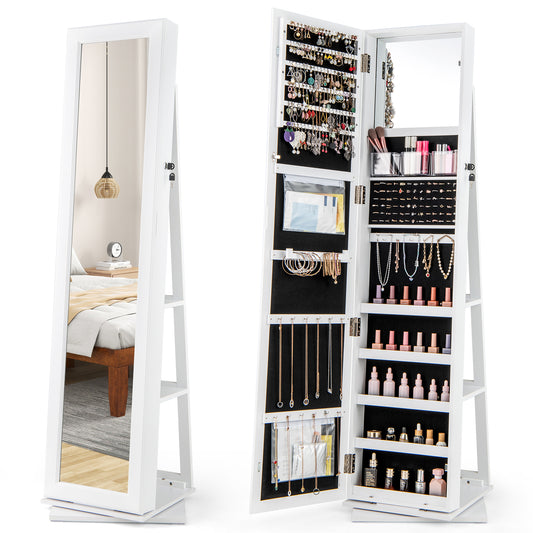 360° Swivel Jewelry Armoire shown closed with a mirror and open with internal storage compartments