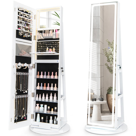 360° Swivel Jewelry Cabinet with LED Lights shown open with storage and closed with mirror