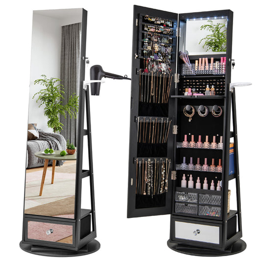 360° Swivel Lockable Jewelry Armoire Cabinet with Full-Length Mirror showing front and open interior