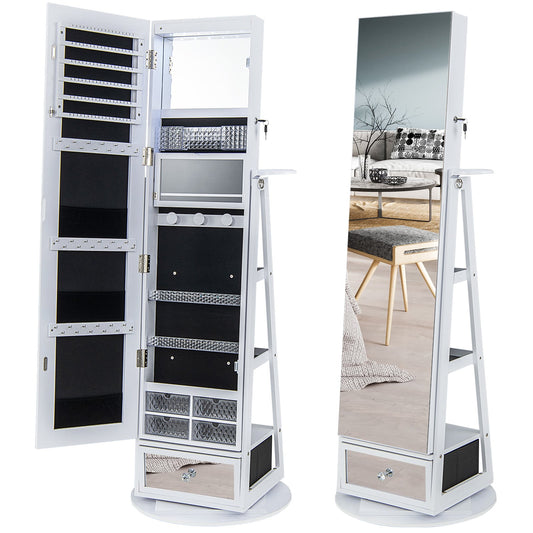 360° Swivel Lockable Jewelry Armoire Cabinet with Full-Length Mirror-White, open with shelves and drawers visible