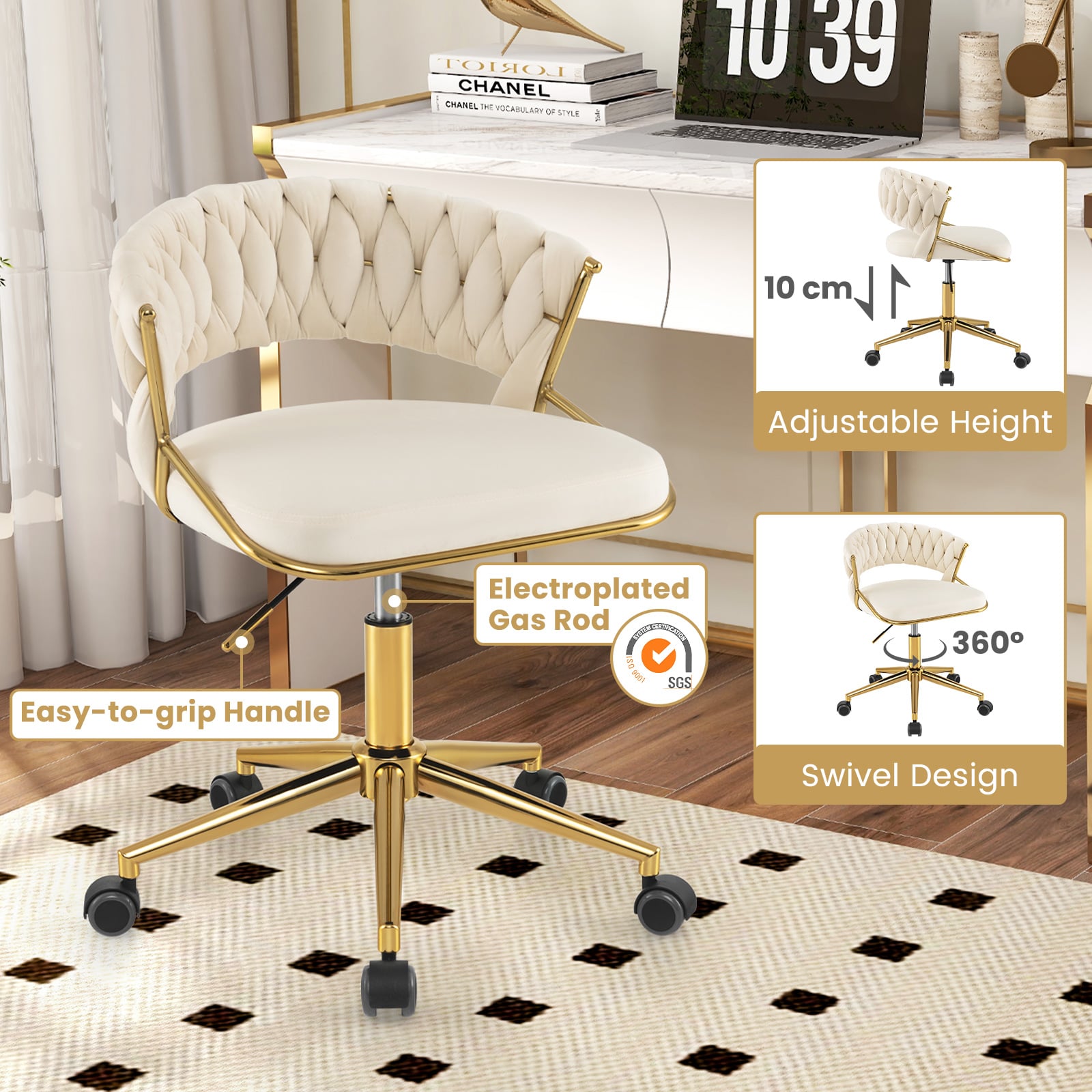 360° Swivel Home Office Desk Chair Set of 2 with Hand-woven Back-Beige