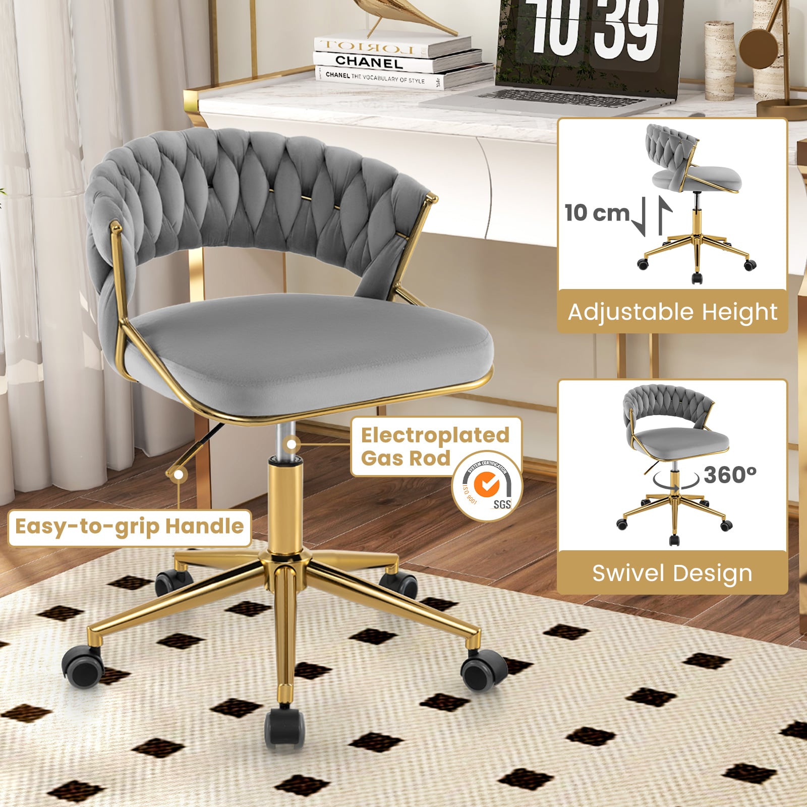 360° Swivel Home Office Desk Chair Set of 2 with Hand-woven Back-Grey
