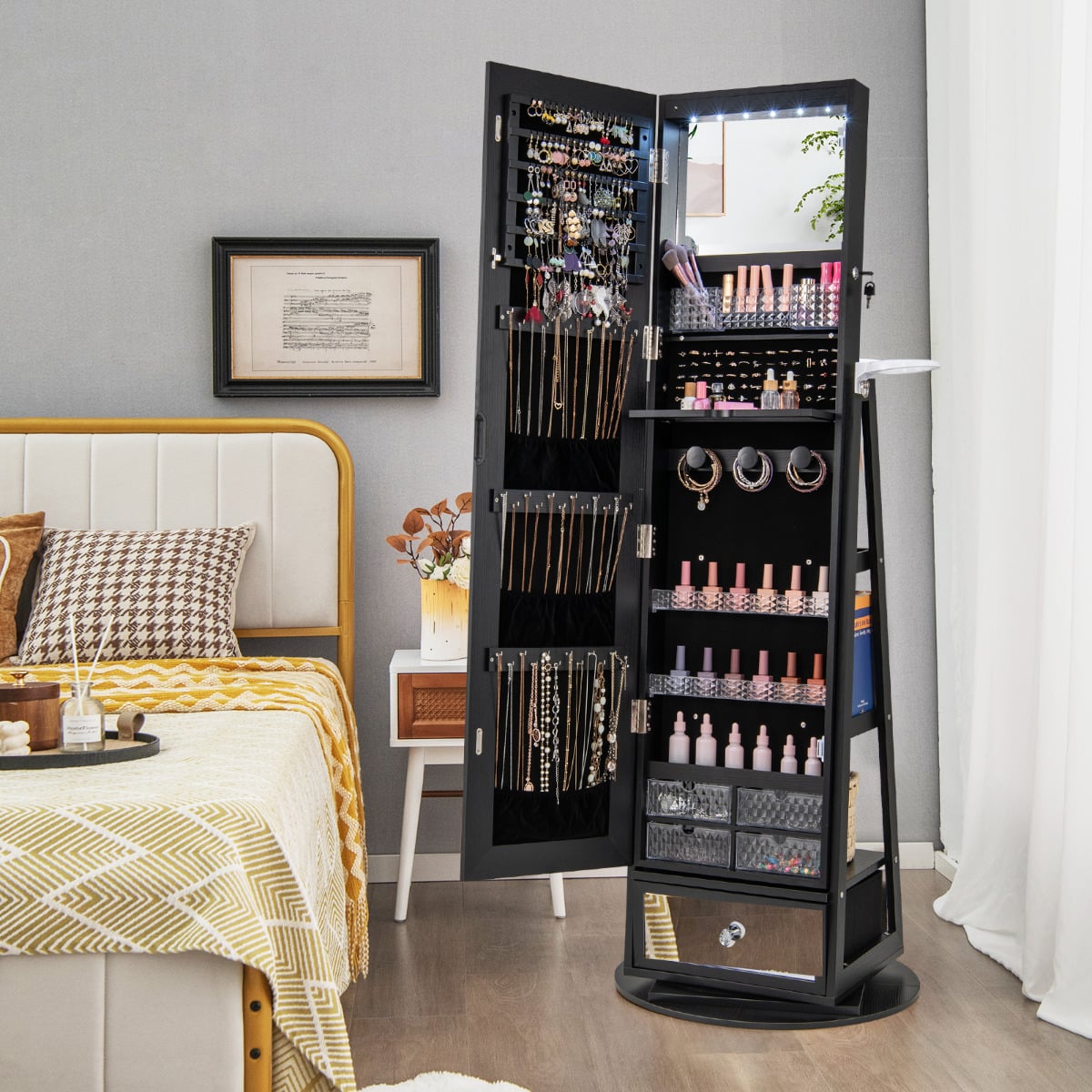 360° Swivel Lockable Jewelry Armoire Cabinet with Full-Length Mirror-Black