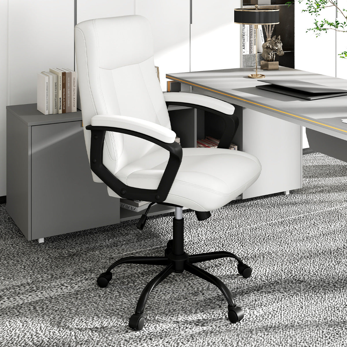360° Swivel Task Chair with High Back and Built-in Armrests-Beige