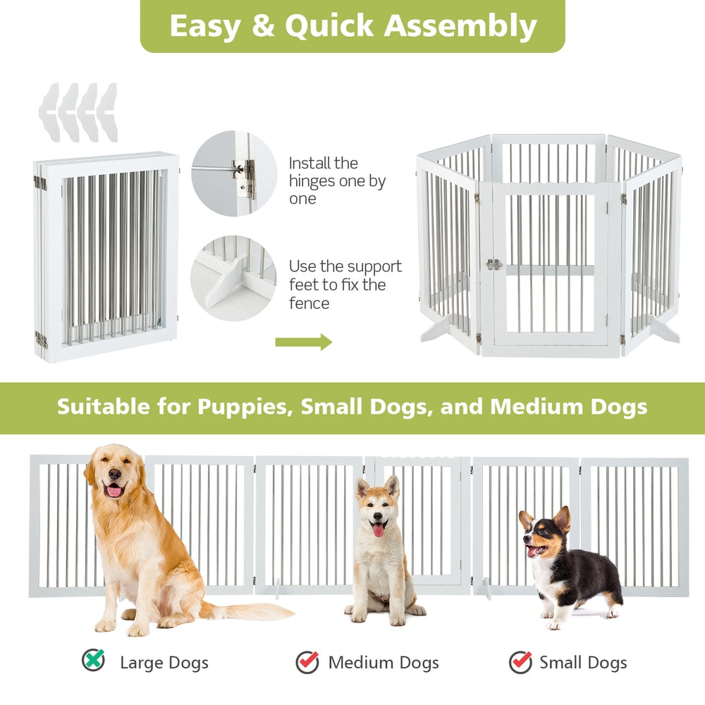 Diagram showing easy assembly and suitability for different dog sizes for the pet gate