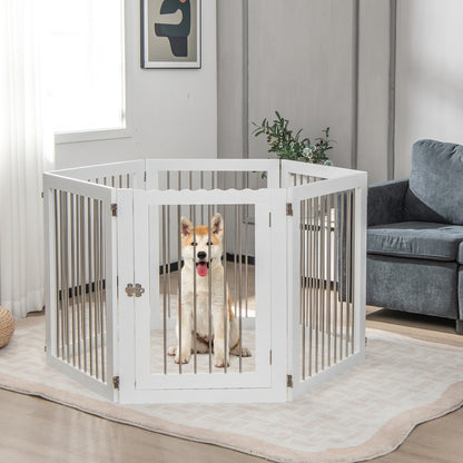A happy dog sits inside the white wooden pet gate, which is set up in a living room