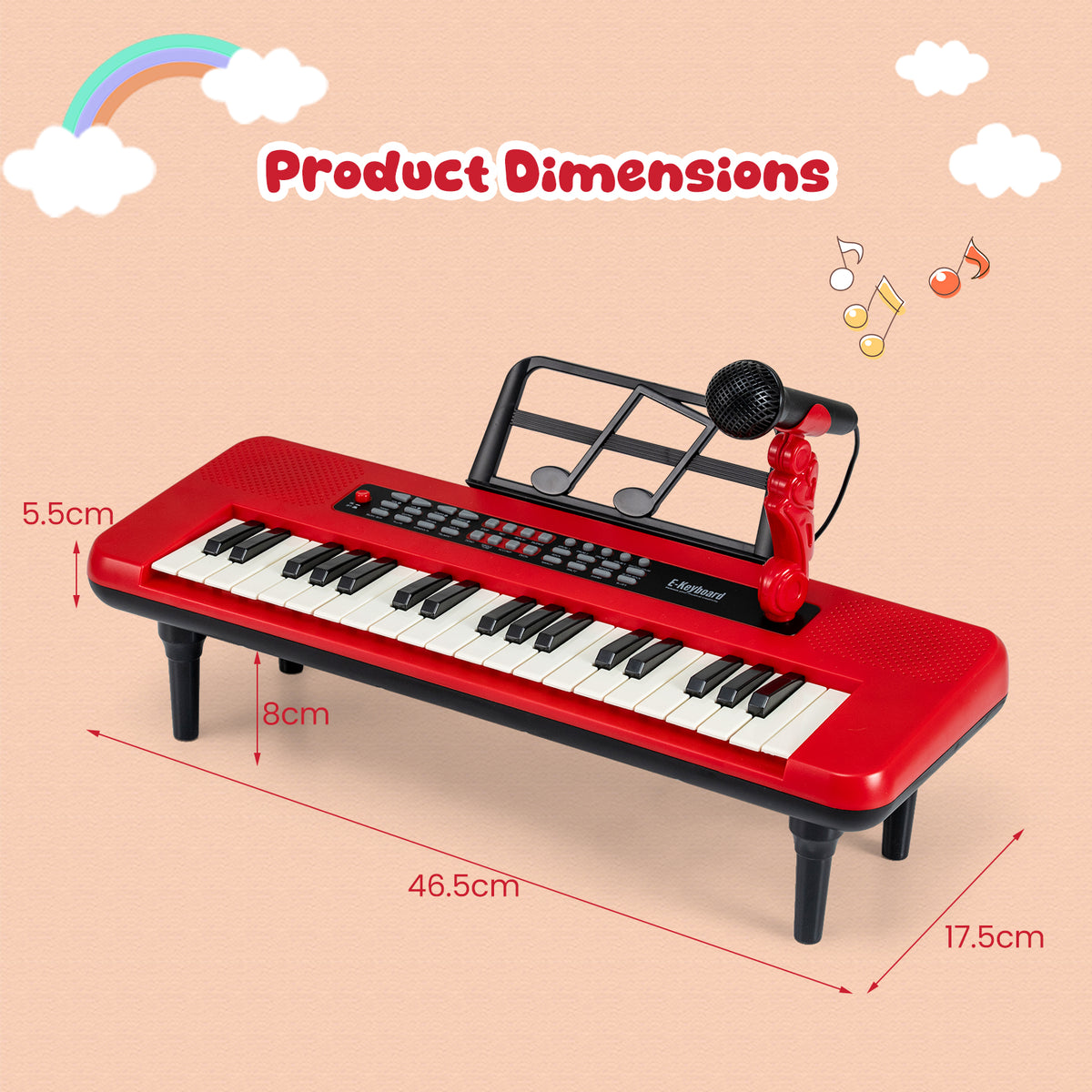 The kids piano keyboard with red lines indicating its various product dimensions