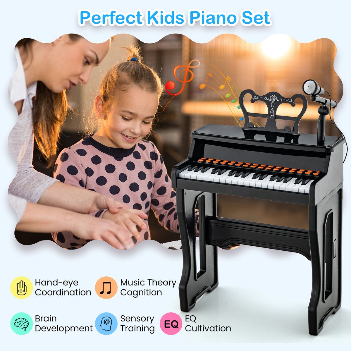 A mother and child interact with the electronic piano keyboard with adjustable microphone
