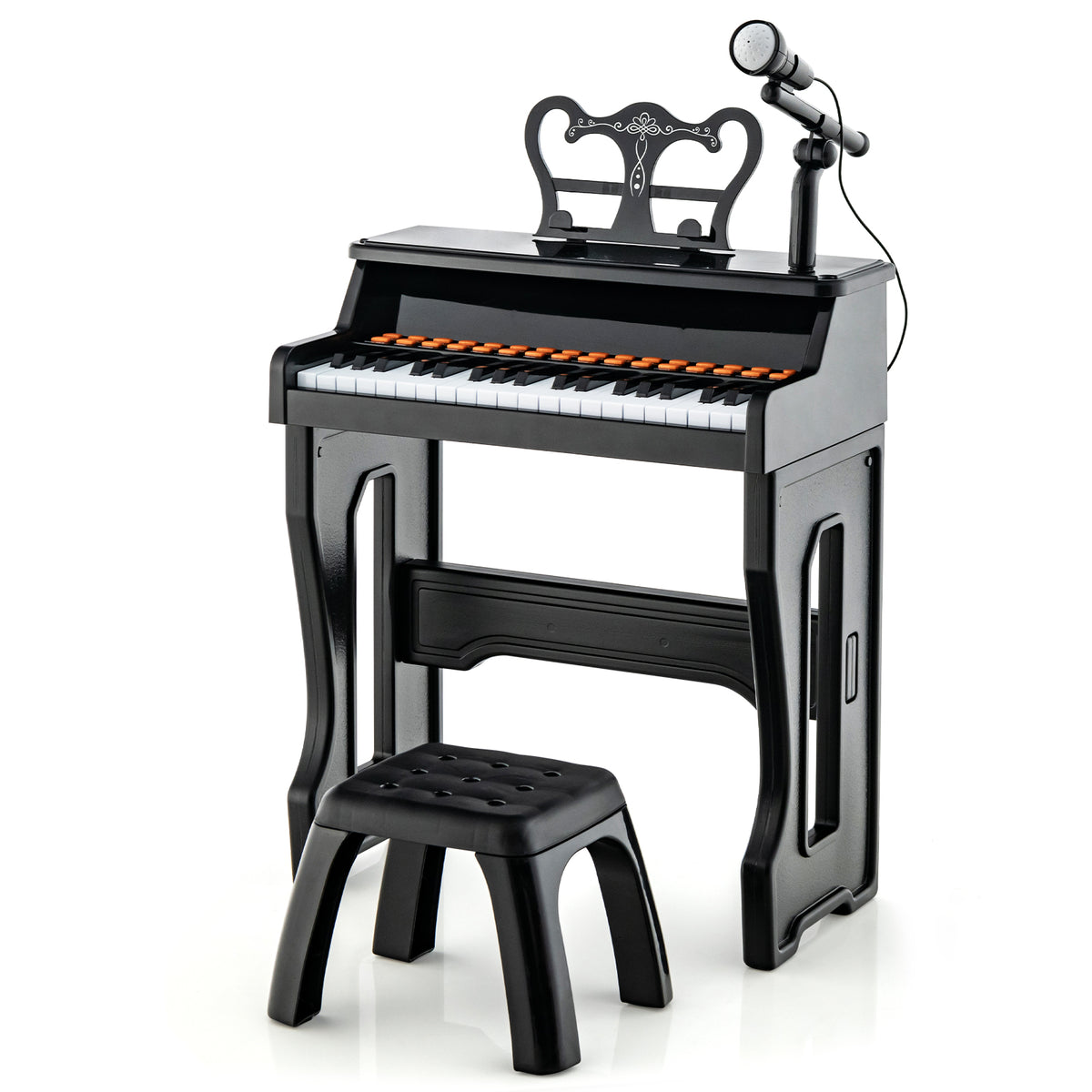 37-Key Electronic Piano Keyboard with Adjustable Microphone, a black piano with a stool and microphone