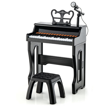 37-Key Electronic Piano Keyboard with Adjustable Microphone, a black piano with a stool and microphone